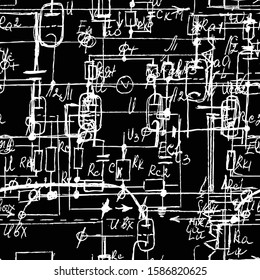 Scientific seamless texture with handwritten formulas and electronic components. Drawing of various graph solutions on chalk boards. Physics and schematic diagram and circuit of  the devices. Vector. 