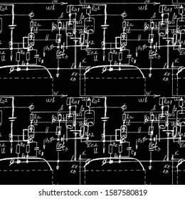 Scientific seamless texture with handwritten formulas and electronic components. Drawing of various graph solutions on chalk boards. Physics and schematic diagram and circuit of  the devices. Vector. 