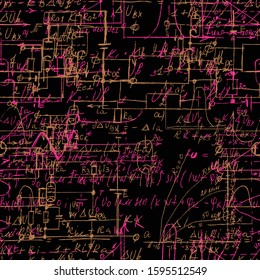 Scientific seamless texture with handwritten formulas and electronic components. Physics and schematic diagram and circuit of  the devices. Vector. 