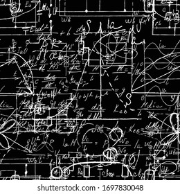 Scientific seamless texture with handwritten formulas and electronic components. Drawing of various graph solutions on chalk boards. Physics and schematic diagram and circuit of  the devices. Vector. 