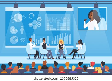 Scientific seminar, lecture or conference with presentation in front of audience vector illustration. Cartoon scientists and professors sitting on chairs on stage of auditorium to speak about research