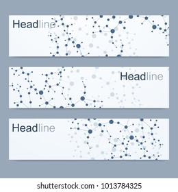 Scientific set of modern vector banners. DNA molecule structure with connected lines and dots. Science vector background. Medical, tecnology, chemistry design.