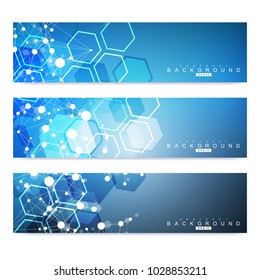 Scientific set of modern vector banners. DNA molecule structure with connected lines and dots. Science vector background. Medical, tecnology, chemistry design