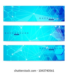 Scientific set of modern vector banners. DNA molecule structure with connected lines and dots. Science vector background. Medical, tecnology, chemistry design
