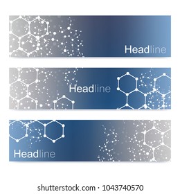 Scientific set of modern vector banners. DNA molecule structure with connected lines and dots. Science vector background. Medical, tecnology, chemistry design