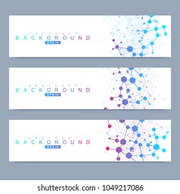 Scientific set of modern vector banners. DNA molecule structure with connected lines and dots. Science vector background. Medical, tecnology, chemistry design