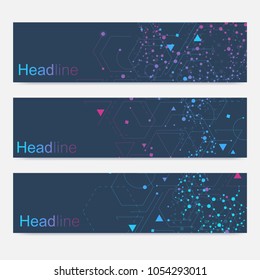 Scientific set of modern vector banners. DNA molecule structure with connected lines and dots. Science vector background. Medical, tecnology, chemistry design