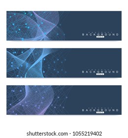 Scientific set of modern vector banners. DNA molecule structure with connected lines and dots. Science vector background. Medical, tecnology, chemistry design