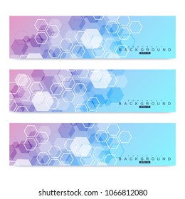 Scientific set of modern vector banners. DNA molecule structure with connected lines and dots. Science vector background. Medical, tecnology, chemistry design