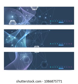 Scientific set of modern vector banners. DNA molecule structure with connected lines and dots. Science vector background. Medical, tecnology, chemistry design.