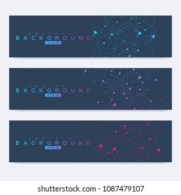 Conjunto científico de banderas vectoriales modernas. Estructura de moléculas de ADN con líneas y puntos conectados. Fondo del vector de la ciencia. Diseño médico, tecnológico y químico