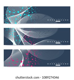 Scientific set of modern vector banners. DNA molecule structure with connected lines and dots. Science vector background. Medical, tecnology, chemistry design