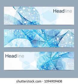 Scientific set of modern vector banners. DNA molecule structure with connected lines and dots. Science vector background. Medical, tecnology, chemistry design