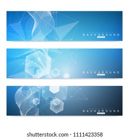 Scientific set of modern vector banners. DNA molecule structure with connected lines and dots. Science vector background. Medical, tecnology, chemistry design