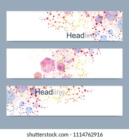 Scientific set of modern vector banners. DNA molecule structure with connected lines and dots. Science vector background. Medical, tecnology, chemistry design