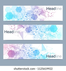Scientific set of modern vector banners. DNA molecule structure with connected lines and dots. Science vector background. Medical, tecnology, chemistry design.