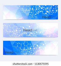 Scientific set of modern vector banners. DNA molecule structure with connected lines and dots. Science vector background. Medical, tecnology, chemistry design