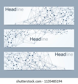 Scientific set of modern vector banners. DNA molecule structure with connected lines and dots. Science vector background. Medical, tecnology, chemistry design
