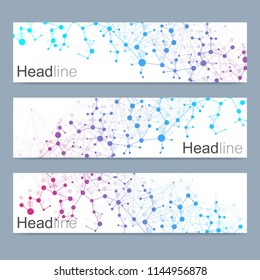 Scientific set of modern vector banners. DNA molecule structure with connected lines and dots. Science vector background. Medical, tecnology, chemistry design