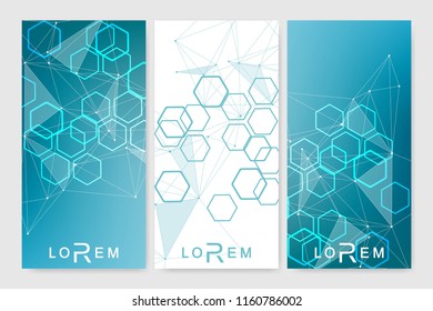 Scientific set of modern vector banners. DNA molecule structure with connected lines and dots. Scientific and technology concept. Wave flow graphic background for your design. Vector illustration.