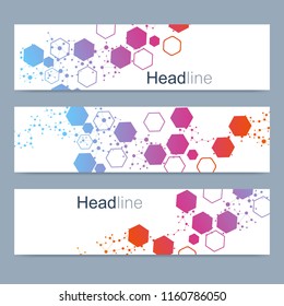 Scientific set of modern vector banners. DNA molecule structure with connected lines and dots. Science vector background. Medical, tecnology, chemistry design