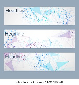 Scientific set of modern vector banners. DNA molecule structure with connected lines and dots. Science vector background. Medical, tecnology, chemistry design