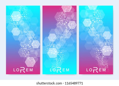 Scientific set of modern vector banners. DNA molecule structure with connected lines and dots. Scientific and technology concept. Wave flow graphic background for your design. Vector illustration