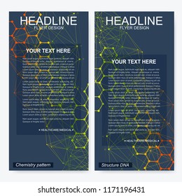 Scientific set of modern vector banners. DNA molecule structure with connected lines and dots. Scientific and technology concept. Wave flow graphic background for your design. Vector illustration
