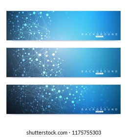 Scientific set of modern vector banners. DNA molecule structure with connected lines and dots. Science vector background. Medical, tecnology, chemistry design.