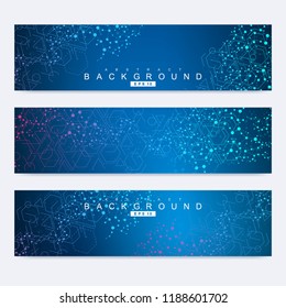 Scientific set of modern vector banners. DNA molecule structure with connected lines and dots. Science vector background. Medical, tecnology, chemistry design