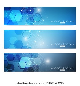 Scientific set of modern vector banners. DNA molecule structure with connected lines and dots. Scientific and technology concept. Wave flow graphic background for your design. Vector illustration