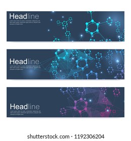 Scientific set of modern vector banners. DNA molecule structure with connected lines and dots. Scientific and technology concept. Wave flow graphic background for your design. Vector illustration.