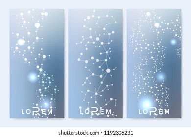 Scientific set of modern vector banners. DNA molecule structure with connected lines and dots. Scientific and technology concept. Wave flow graphic background for your design. Vector illustration