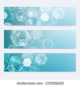 Scientific set of modern vector banners. DNA molecule structure with connected lines and dots. Scientific and technology concept. Wave flow graphic background for your design. Vector illustration
