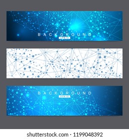 Scientific set of modern vector banners. DNA molecule structure with connected lines and dots. Scientific and technology concept. Wave flow graphic background for your design. Vector illustration