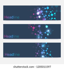 Scientific set of modern vector banners. DNA molecule structure with connected lines and dots. Scientific and technology concept. Wave flow graphic background for your design. Vector illustration