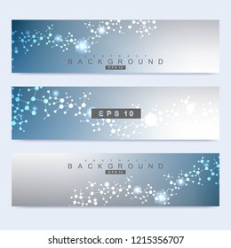 Scientific set of modern vector banners. DNA molecule structure with connected lines and dots. Scientific and technology concept. Wave flow graphic background for your design. Vector illustration