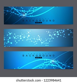 Scientific set of modern vector banners. DNA molecule structure with connected lines and dots. Scientific and technology concept. Wave flow graphic background for your design. Vector illustration