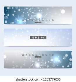 Scientific set of modern vector banners. DNA molecule structure with connected lines and dots. Scientific and technology concept. Wave flow graphic background for your design. Vector illustration