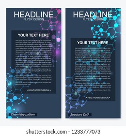 Scientific set of modern vector banners. DNA molecule structure with connected lines and dots. Scientific and technology concept. Wave flow graphic background for your design. Vector illustration