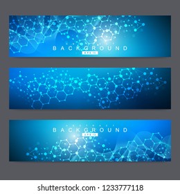 Scientific set of modern vector banners. DNA molecule structure with connected lines and dots. Scientific and technology concept. Wave flow graphic background for your design. Vector illustration