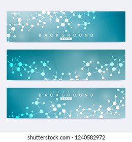 Scientific set of modern vector banners. DNA molecule structure with connected lines and dots. Scientific and technology concept. Wave flow graphic background for your design. Vector illustration