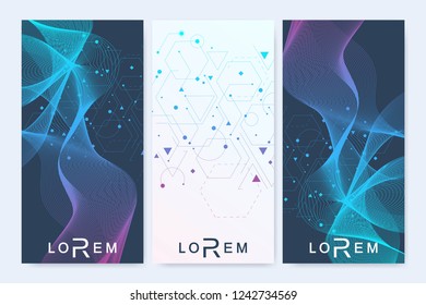 Scientific set of modern vector banners. DNA molecule structure with connected lines and dots. Scientific and technology concept. Wave flow graphic background for your design. Vector illustration