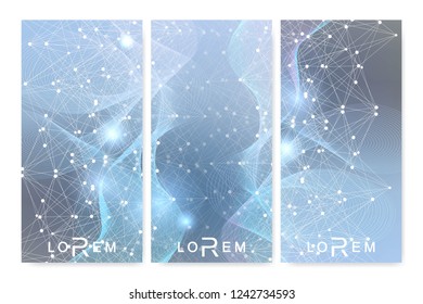 Scientific set of modern vector banners. DNA molecule structure with connected lines and dots. Scientific and technology concept. Wave flow graphic background for your design. Vector illustration