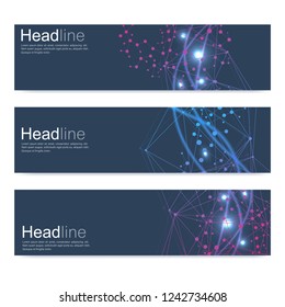 Scientific set of modern vector banners. DNA molecule structure with connected lines and dots. Scientific and technology concept. Wave flow graphic background for your design. Vector illustration