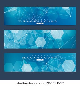 Scientific set of modern vector banners. DNA molecule structure with connected lines and dots. Scientific and technology concept. Wave flow graphic background for your design. Vector illustration