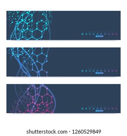 Scientific set of modern vector banners. DNA molecule structure with connected lines and dots. Scientific and technology concept. Wave flow graphic background for your design. Vector illustration