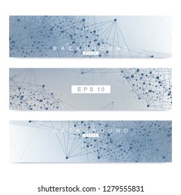 Scientific set of modern vector banners. DNA molecule structure with connected lines and dots. Scientific and technology concept. Wave flow graphic background for your design. Vector illustration