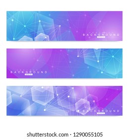 Scientific set of modern vector banners. DNA molecule structure with connected lines and dots. Scientific and technology concept. Wave flow graphic background for your design. Vector illustration