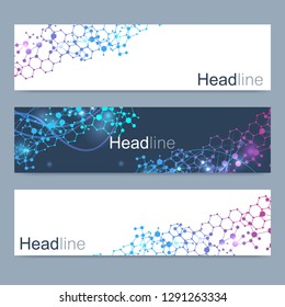 Scientific set of modern vector banners. DNA molecule structure with connected lines and dots. Scientific and technology concept. Wave flow graphic background for your design. Vector illustration